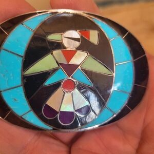 ZUNI sterling silver thunderbird buckle. Signed.